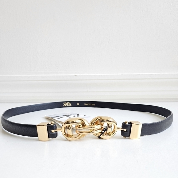 New Zara Belt 100% Cow Leather Thin Gold Metal Plated Buckle NWT 30 US/80 CM - Picture 3 of 7